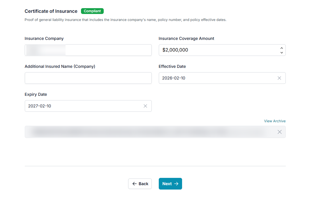 Certificate of Insurance record inside Entuitive Workforce, showing insurer, coverage amount, effective and expiry dates